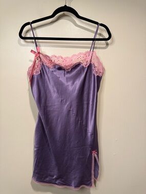 VICTORIA’S SECRET ANGELS Purple Satin Y2K Slip Dress Pink Lace Rhinestones large